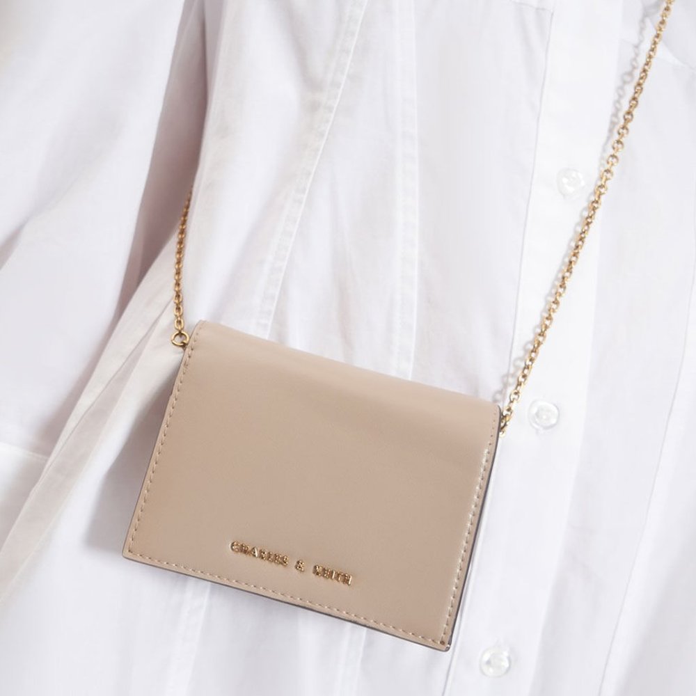 NWT Charles & Keith Snap Button Short Wallet On Chain - Sand Brown / Beige